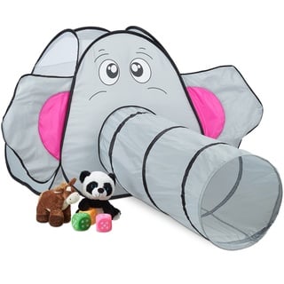 Relaxdays Pop Up Spielzelt Elefant, mit Spieltunnel, Kinderzelt drinnen & draußen, Krabbelzelt, HBT: 92x155x200 cm, grau