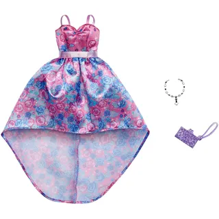 Mattel-Barbie - FXJ17 Fashion - Abendkleid mit rosa-blauen Blumenmuster, Tasche und Halskette, Kleid, Mode, Fashion, Kleidung passend für Barbie