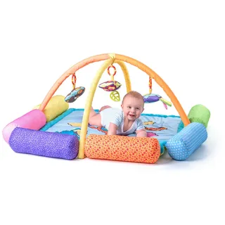 Woodyland Lernspielzeug Baby Spiel- und Krabbeldecke mit Spielbogen und 6 Spiel- Rollen (Spiel- und Krabbeldecke mit vielen Spielmöglichkeiten), Gratis ein ca. 30cm Tiergesicht mit unterschiedlichen Effekten bunt