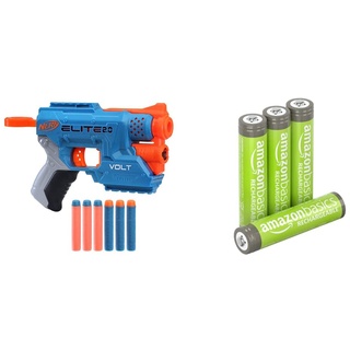 Nerf Elite 2.0 Volt SD-1 Blaster – 6 Nerf Darts, Ziel-Lichtstrahl, 2-Dart Aufbewahrung, 2 Tactical Rail Steckschienen & Amazon Basics AAA-Batterien, wiederaufladbar, vorgeladen, 4 Stück