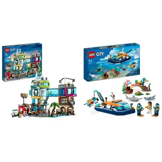 LEGO 60380 City Stadtzentrum Set, Modellbausatz, Spielzeug mit Spielzeugläden & 60377 City Meeresforscher-Boot Spielzeug, Set enthält EIN Korallenriff