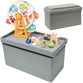 Kinder Aufbewahrungsbox mit Bauplatte - 53x27x30 Sitzbank - Baustein Spieltisch