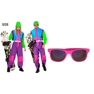 Scherzwelt.de Kostüme und mehr 80er Offset-Snowboarder-Anzug – Ski Anzug Unisex Gr. S - XXL mit pinker Brille (S - 165-170cm)