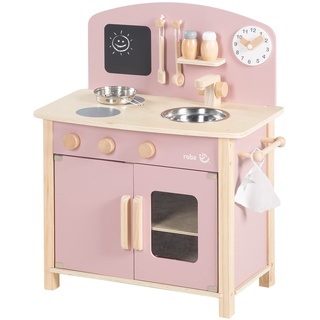 roba Spielküche, weiß, natur, mauve/rosa Spielzeug-Küchenzeile mit 2 Kochstellen, Spüle, Wasserhahn & Zubehör