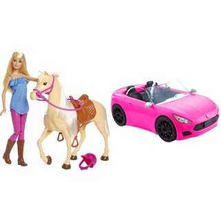 Barbie HBT92 - Cabrio-Fahrzeug, pink mit rollenden Rädern und realistischen Details, 2-Sitzer & FXH13 - Pferd mit Mähne und Puppe mit beweglichen Knien, Puppen Spielzeug und Puppenzubehör, ab 3 Jahren