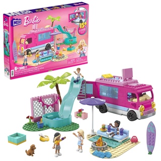 Barbie Traumwohnmobil - Bauspielzeug mit Bett auf dem Dach, komplett ausgestatteter Küche und Zubehör für Kleidung und Essen, 4 kleinen Barbie-Puppen und 1 Hündchen, für Kinder ab 6 Jahren, HPN80