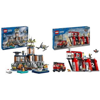 LEGO City Polizeistation auf der Gefängnisinsel, Polizei-Spielzeug mit Hubschrauber & City Feuerwehrstation mit Drehleiterfahrzeug, Feuerwehr-Spielzeug