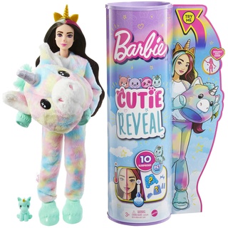 Barbie HJL58 - Cutie Reveal Puppe mit Einhorn-Kostüm, Traumland Fantasie-Serie mit Farbwechsel-Effekt, 10 Überraschungen und Haustier, Spielzeug für Kinder ab 3 Jahren
