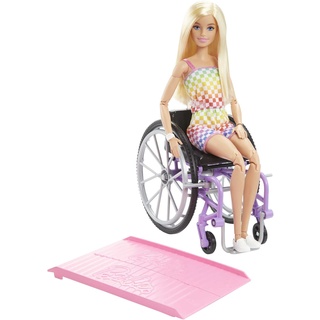 Barbie Fashionista-Puppe, Barbie im Rollstuhl mit blonden Haaren und Regenbogen-Jumpsuit, Barbie-Rollstuhl und Rampe, Barbie-Puppe inklusive, Geschenk für Kinder, Spielzeug ab 3 Jahre,HJT13