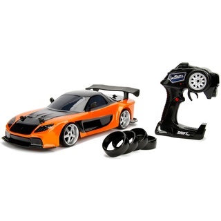 Jada Toys Fast & Furious RC Drift Mazda RX-7, RC Auto, ferngesteuertes Auto mit Funkfernsteuerung, Driftfunktion, Allradantrieb, 4 Ersatzreifen, USB Ladefunktion, inkl. Batterien, Maßstab 1:10, orange