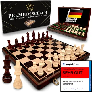 APEQi® Premium Schach - Schachspiel Holz HOCHWERTIG - Massivholz, 38x38cm, 2 EXTRA-Damen, Geschenkidee - edles Schachbrett Holz hochwertig - klappbares Chess Board mit 34 Schachfiguren Reiseschach