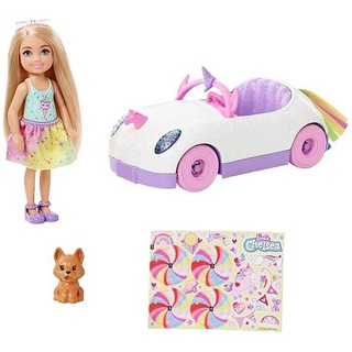 Mattel GXT41 Barbie Chelsea Puppe Spiel-Set inkl. Auto, Regenbogen-Einhorn Zub GXT41