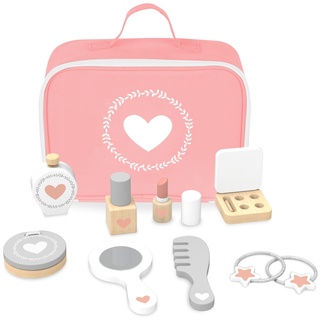 Mamabrum,Holz Make-Up Set, Spiegel, Puder, Nagellack, Lippenstift, Kamm, Parfum Palette, Kosmetiktasche, Haargummi, Für Kinder kinderschminken Set schminkkoffer Kinder