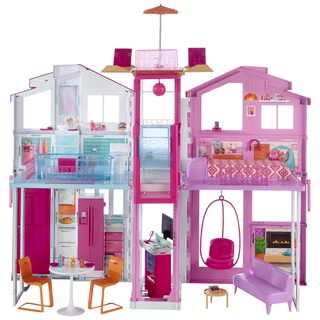 Barbie Haus Traumvilla, Stadthaus mit 3-Etagen und 5 Zimmern, inkl. Barbie Zubehör wie Möbel, faltbar und aufbewahrbar, Spielzeug ab 3 Jahren, DLY32