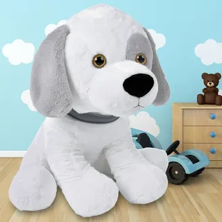 Plüschtier Kuscheltier Stofftier Hund XL 58 cm Groß Weiches Fell Kuschelig Halsband Weiß Plüschhund Stoffhund Spielzeug - Weiß