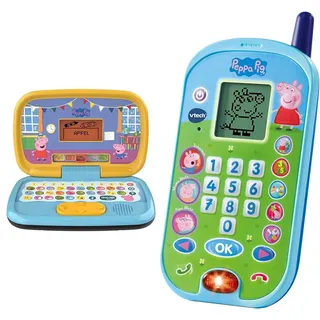 VTech Peppas Lernlaptop – Lerncomputer mit ABC-Tastatur & Peppas Lerntelefon – Mit den Originalstimmen aus der Peppa Pig Serie und spannenden Lernspielen – Für Kinder von 2-5 Jahren