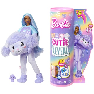 Barbie Cutie Reveal Puppe - Plüschpudel mit 10 Überraschungen, bewegliche Puppe mit zahlreichen Accessoires wie Fleece-Jacke und Körbchen für Mini-Haustier, ab 3 Jahren, HKR05