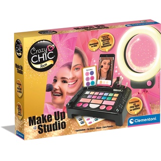 Clementoni Crazy Chic Make-up Artist - Schminkkasten, buntes Make-up Set mit glitzerndem Lidschatten, Rouge & Lipgloss, beleuchteter Kosmetiktisch für Kinder ab 6 Jahren, 18744