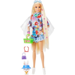 Barbie HDJ45 - Extra Puppe 12 mit floralem Outfit und Zubehör, Extra langes Blondes Haar mit Herzsymbolen und flexiblen Gelenken, Spielzeug Geschenk für Kinder ab 3 Jahren, Nicht Zutreffend, One Size