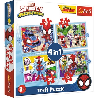Trefl 34611 4-in-1, 4 12 bis 24 Teilen-Puzzles mit den Marvel-Helden Super Buddies, für Kinder ab 3 Jahren, Spidey and his Amazing Friends, Das Team von Spidey