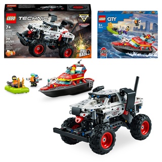 LEGO Action-Fahrzeug-Bundle: City Feuerwehrboot (60373) und Technic Monster Jam Monster Mutt Dalmatian (42150) mit schwimmenden Spielzeugbooten & Rückzieh-LKW, Ostergeschenk-Idee für Jungen & Mädchen