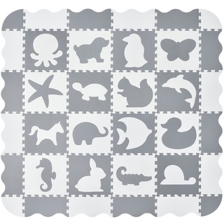 Juskys Kinder Puzzlematte Timon 36 Teile mit 16 Tieren in grau weiß - rutschfest & abwischbar Puzzle ab 10 Monate - Eva Schaumstoff - Spielmatte