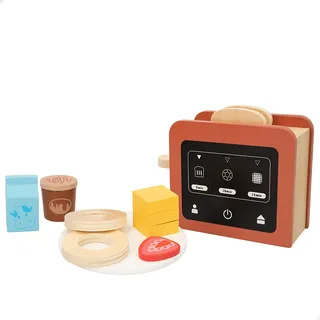 WOOMAX, 47598 Toaster aus Holz, 9 Zubehörteile, Küchenzubehör, Lernspielzeug, Spielzeug für Kinder 2 Jahre, Geburtstagsgeschenke für Kinder