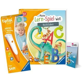 tiptoi Ravensburger Set: Meine Lern-Spiel-Welt - Buchstaben (Kinderbuch) + 00110 Stift + Kinder-Weltkarte, Lernspielzeug für Kinder