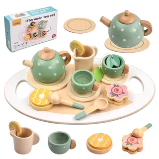 Vesaneae Teeservice Kinder Holz Set, Tee Set Holzspielzeug, Teeparty Spielküche Rollenspiele Kinderküche Zubehör, Teeparty-Set aus Holz, Geschenk für Kinder Pretend Play Mädchen Jungen