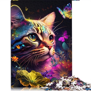 1000 Teile Puzzles für Erwachsene Katze und Blume Neonpuzzle für Erwachsene Holzpuzzle Gutes Geschenk für Erwachsene Kinder (Größe 50x75cm)