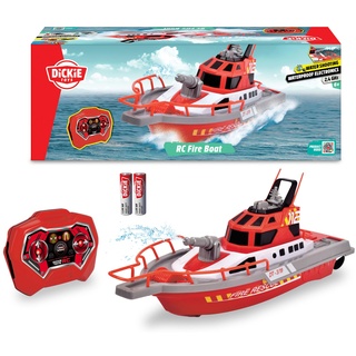 Dickie Toys 201107000 Feuerwehrboot, ferngesteuertes Boot mit Funksteuerung, Feuerwehr, Wasserspritzfunktion, 3 Kanäle, 27 MHz, USB-Aufladung, Geschwindigkeit max 3 km/h, für Kinder ab 6 Jahren