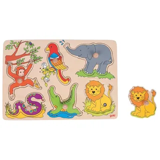 goki 57862 - Soundpuzzle Zootiere, fördert das Lernen und Fühlen spielerisch, Holzpuzzle für Kinder, Geräusche von 6 verschieden Tieren, Affe, Schlange, Löwe, Elefant, Krokodil, 7er Set, ab 1 Jahr