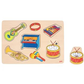 goki 57520 - Soundpuzzle Instrumente fördert das Lernen und Fühlen spielerisch, Holzpuzzle für Kinder, 6 verschieden Musikinstrumenten, 7er Set, ab 1 Jahr, Gemischt