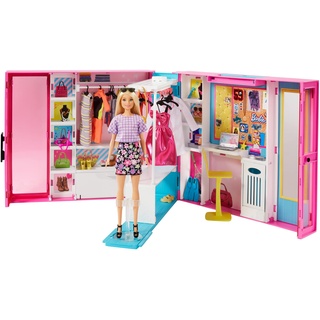 Barbie GBK10 - Traum Kleiderschrank mit Blonder Puppe, 25 Zubehörteilen, 60 cm, 10 Aufbewahrungsbereiche, Ganzkörperspiegel, Tisch, Kleiderstange, 4 Outfits, Geschenk für Kinder von 3 bis 7 Jahren