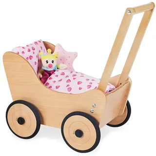 Pinolino Puppenwagen Sarah, aus Holz, mit Bremssystem, Lauflernhilfe mit gummierten Holzrädern, für Kinder von 1 – 6 Jahren, Natur