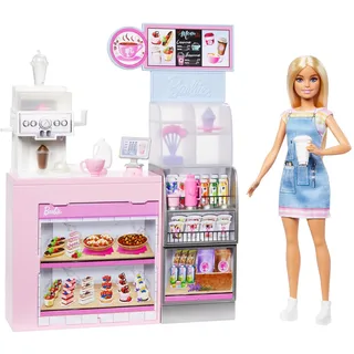 Barbie Naschcafé Spielset mit Blonder Barista-Puppe und über 12 Zubehörteilen, darunter Kaffeemaschine/Smoothie-Maker, Lebensmittel und Tassen, HXN94