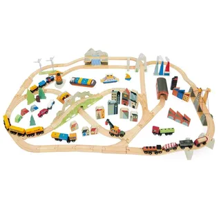 Tender Leaf Toys Mountain View Zug Set - Großes Transportspielset mit viel Zubehör inklusive Stadtfabrik und Versandhafen - fantasievoller Spielspaß für Kinder ab 3 Jahren