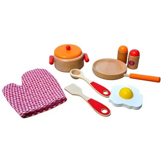 TikTakToo Spiel-Kochgeschirr Kochset Küchenset Topfset für Kinder Pfanne Kochtopf, (9-tlg., Spiel-Set), aus Holz - teilweise lackiert beige|orange|rot