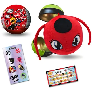 Miraculous Ladybug, 4-1 Überraschungs-Miraball, Spielzeug für Kinder mit Sammelfigur, Metallball, Kwami-Plüsch, glitzernden Aufklebern und weißem Band (Wyncor), 1 Stück