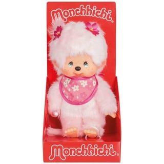 Sekiguchi 767020 - Original Monchhichi Mädchen Kirschblüte, Plüschfigur mit Lätzchen und Zöpfen mit Blumen, ca. 20 cm großes Kuscheltier aus rosa Plüsch