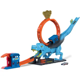 Hot Wheels Autorennbahn T-Rex Angriff, Geschicklichkeitsspiel durch genaues Timing und Zielen, mit Looping Track, Auto Spielzeug, Spielzeug ab 4 Jahre, HNP77