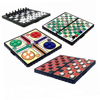 4 magnetische Mini-Brettspiele, ideal für Reisen, Unterhaltung, Schach, Dame, Ludo, Schlangen und Leitern, faltbar, einfach zu verstauen, einzeln verpackt, tolles Geschenk für Kinder