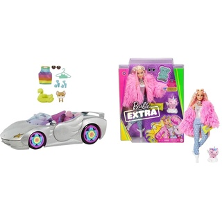 Barbie HDJ47 - Extra Auto Cabrio (glitzert) mit Regenbogen Reifen, silbernes Cabrio, rosa Innenausstattung & GRN28 - Extra Puppe, Flauschiger Pinker Mantel mit Einhorn-Schweinchen