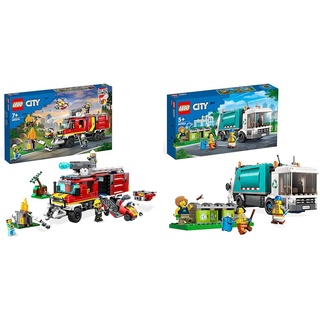 LEGO 60374 City Einsatzleitwagen der Feuerwehr, modernes Feuerwehrauto-Spielzeug & 60386 City Müllabfuhr, Müllwagen Spielzeug mit Mülltonnen für Kinder ab 5 Jahren