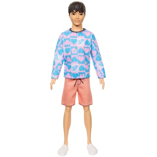 Barbie Fashionistas Ken-Puppe Nr. 219 mit schlankem Körper und abnehmbarem gemusterten Langarmhemd in rosa und blau sowie rosa Shorts, HRH24