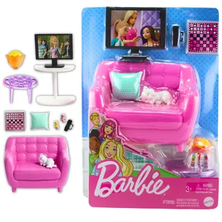 Barbie Indoor Furniture Playset, Living Room Includes Kitten, Furniture and Accessories for Movie and Game Night