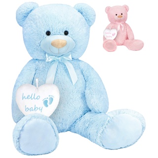 BRUBAKER XXL Teddybär 100 cm mit Hello Baby Herz - Babyparty Geschenk für Neugeborene Jungen - Kuscheltier Stofftier Plüschtier - Blau Hellblau