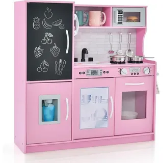 KOMFOTTEU Spielküche Kinderküche, mit Mikrowellen, Backofen, Wasserbecken, Kreidetafel & Eismaschine rosa