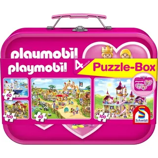 Puzzlebox PLAYMOBIL pink 4 Kinderpuzzle im Metallkoffer 2x60 und 2x100 Teile - Beige