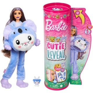 BARBIE Cutie Reveal Puppe - 10 Überraschungen in einer Verpackung, Plüschtierfreunde, Hase in Koala-Plüschkostüm, bewegliche Gelenke, Zubehör und Mini-Haustier, ab 3 Jahren, HRK26